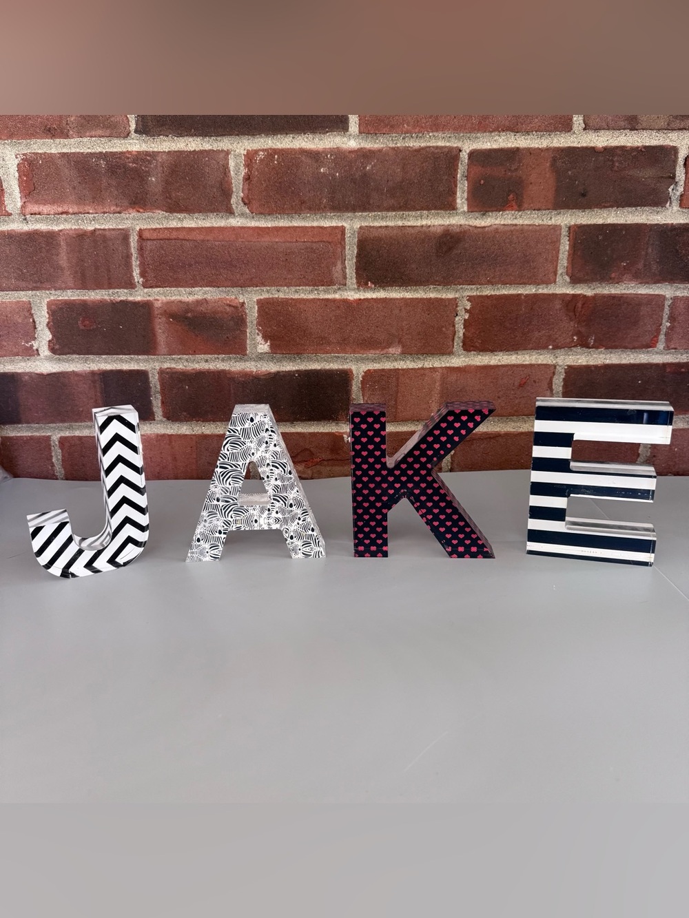 Jake Acrylic Block Letters Decor Name Sign J A K E Black White Hearts Stripes